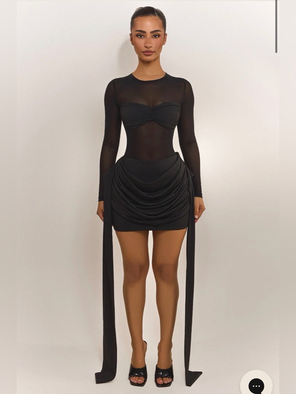 Black Sheer Long-Sleeve Draped Set